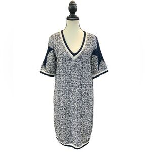 NEERA Made in 🇮🇹 cotton blend deep V-neck dress EUC size 42 navy blue & white